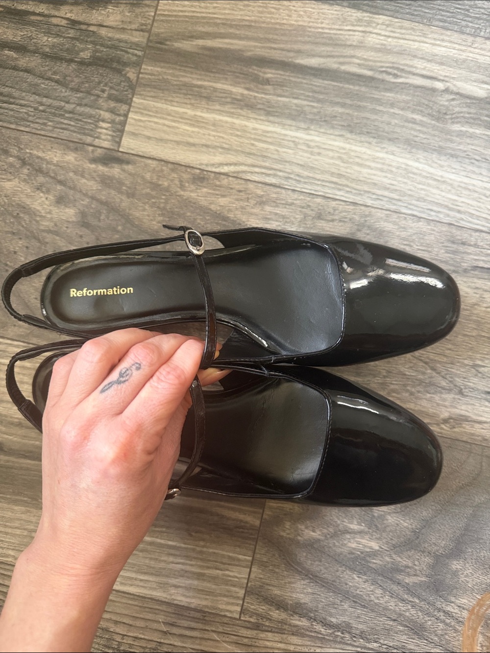 Reformation Black Patent Mary Jane Sling Heels